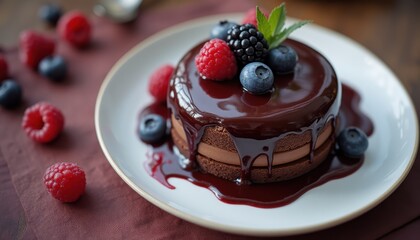 Aufkleber - Indulging in a decadent chocolate cake topped with fresh berries on a rustic wooden table