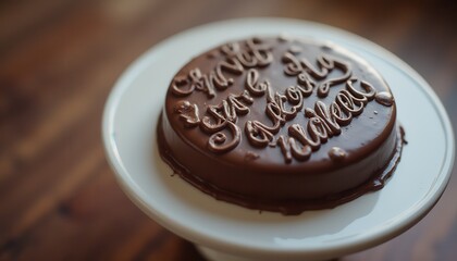 Aufkleber - Elegant chocolate cake decorated with intricate icing placed on a white cake stand in a cozy environment