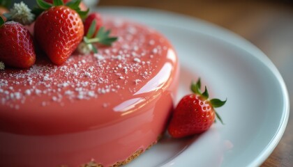 Aufkleber - Elegant dessert with glossy strawberry glaze and fresh strawberries on a white plate in a cozy setting