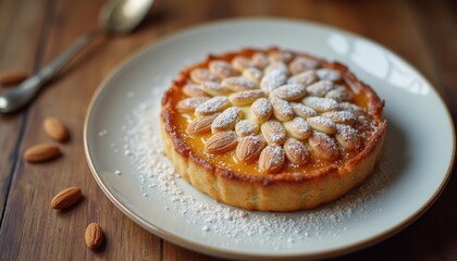 Aufkleber - Delicious almond tart with powdered sugar served on a wooden table in a cozy kitchen setting