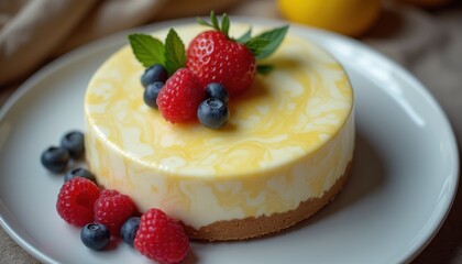 Poster - Delicious cheesecake topped with fresh berries and mint displayed on a white plate in a cozy kitchen setting