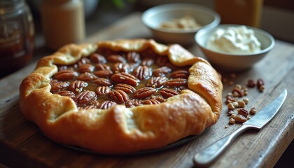 Aufkleber - Rustic pecan tart garnished with cream and nuts on a wooden table