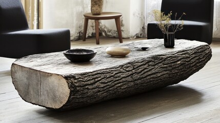 Poster - Large raw tree trunk utilized as a contemporary coffee table