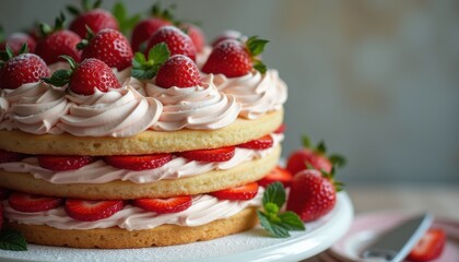 Aufkleber - Beautifully decorated strawberry cake layered with whipped cream and fresh strawberries for a delightful dessert experience