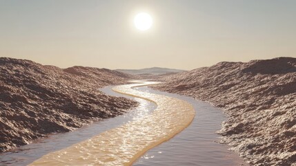 Poster - River winds through desert hills under a bright sun
