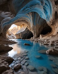 Poster - Serene Cave Interior. Geological Wonders. Blue and Sandy Rock Formations. Reflective Water. Peaceful Scene. Natural Light Illuminates. Undulating Walls. Ethereal Atmosphere. Nature's Artistry.