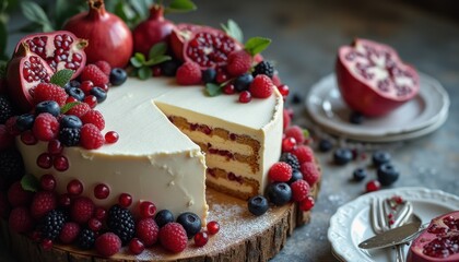 Aufkleber - Breathtakingly lush cake adorned with pomegranates and berries on a rustic wooden table