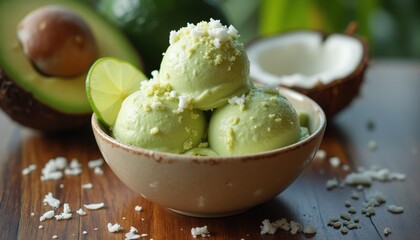 Poster - Scoop of creamy avocado dessert with lime and coconut served in a rustic bowl on a wooden table