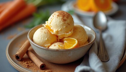 Aufkleber - Carrot ice served in a bowl garnished with cinnamon and lemon for a refreshing dessert experience