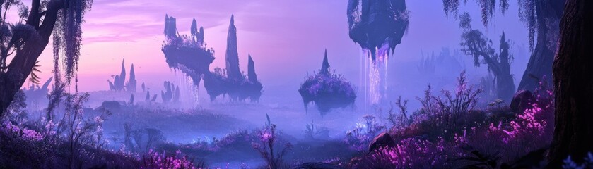 Poster - Surreal landscape with floating islands under a pastel sky