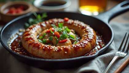 Poster - Delightful fusion dish featuring succulent Germ sausage served in a skillet with vibrant garnishes and sauces