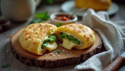 Poster - Savoring a Colombian arepa filled with fresh greens and cheese on a wooden platter with sauce