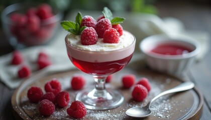 Aufkleber - Layers of raspberry mousse with fresh berries and mint served in a glass dish on a wooden table