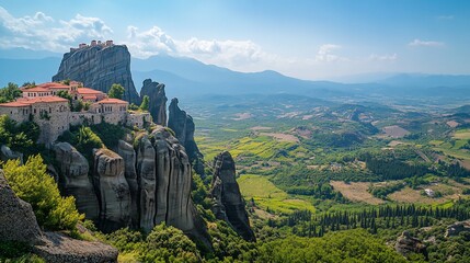 Sticker - Panoramic view of Meteora monasteries perched atop towering sandstone rock formations, overlooking a vast, picturesque valley under a clear blue sky.