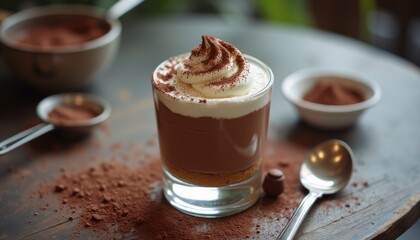Aufkleber - Luxurious layered chocolate mousse served in a glass with whipped cream and cocoa dusting