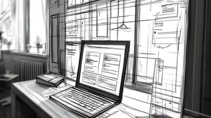 Leinwandbilder - Sketch of a home office workspace featuring a laptop and a cluttered desk with creative design ideas visible : Generative AI