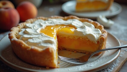 Aufkleber - Deliciously layered peach pie with creamy filling and whipped topping served on a rustic table setting