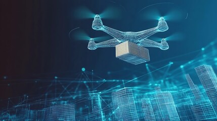 Poster - Futuristic drone model hovering above city with digital grid representation and cargo delivery concept : Generative AI