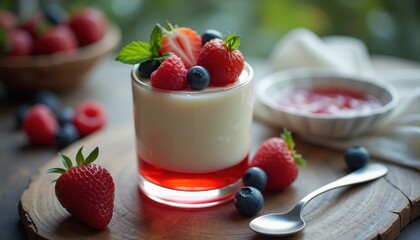 Aufkleber - Delightful panna cotta dessert with fresh berries and fruit topping on a rustic wooden table
