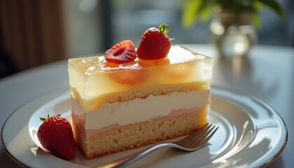 Aufkleber - Delicately layered cake served on a fine china plate with fresh strawberries and gentle afternoon light