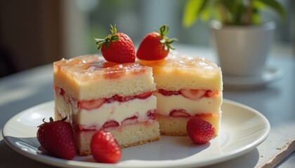 Aufkleber - Delicious layered cake with strawberries and cream served on a plate in a bright kitchen