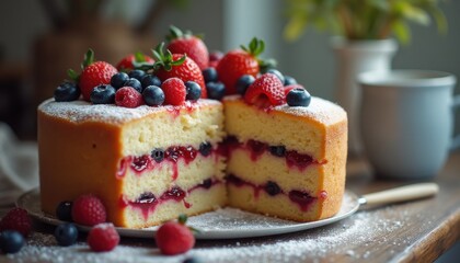 Aufkleber - Deliciously crafted cake with layers of jelly and fresh berries displayed on a wooden table