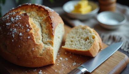 Aufkleber - Homemade bread loaf with a golden crust and soft interior displayed on a wooden cutting board beside a butter dish