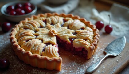 Aufkleber - Beautifully baked cherry pie with intricate crust design displayed on a wooden board in a cozy kitchen setting