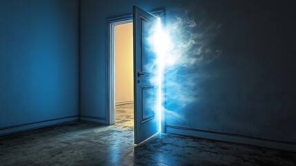 Aufkleber - Mystical Scene of a Doorway Emitting Light with a Mysterious Glow in an Empty Room : Generative AI