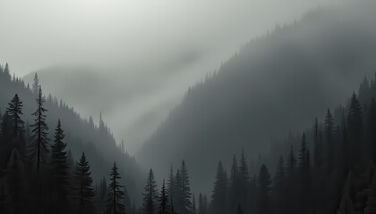 Aufkleber - Misty mountains and towering evergreens create an enigmatic landscape at dawn in a remote forest setting