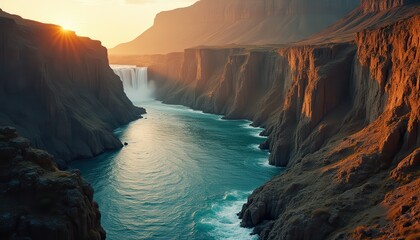 Poster - Majestic waterfall cascading into serene river at golden hour in a rugged canyon landscape