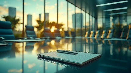 Poster - Formal corporate workspace setting with a notebook and pen on the desk during an in person interview or business meeting
