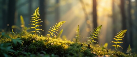Aufkleber - Ethereal macro shot of ferns bathed in sunlight on a forest floor during early morning hours