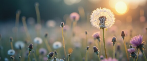Aufkleber - Capturing the delicate beauty of a dandelion in a vibrant field at sunset