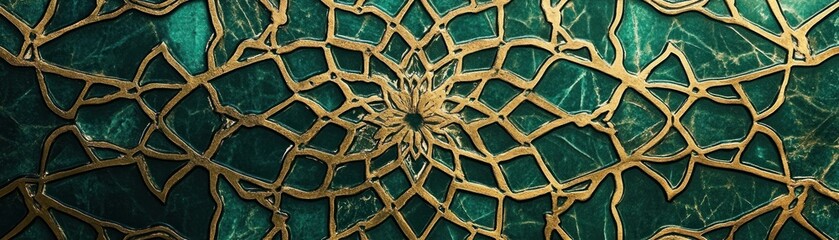 Poster - Intricate golden lattice pattern overlaying emerald green marble surface