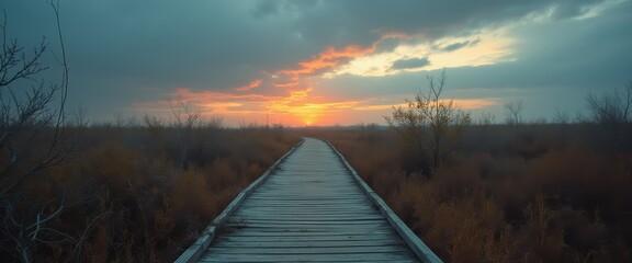 Poster - Moody wooden boardwalk leading towards a vibrant sunset over a tranquil marsh landscape