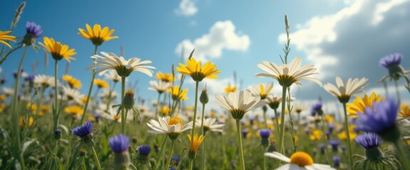 Aufkleber - Vibrant summer wildflower field buzzing with life under a bright blue sky