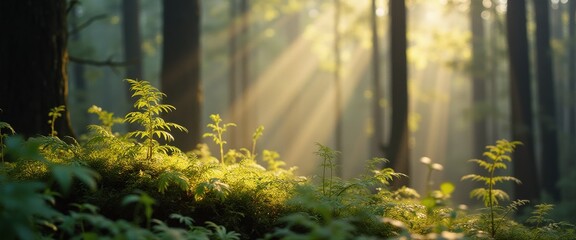 Poster - Dreamlike forest with soft sunlight filtering through trees and vibrant ferns basking in gentle morning light