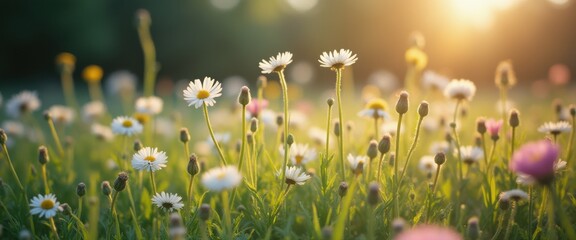 Poster - Spring meadow filled with vibrant wildflowers basking in golden sunlight during warm afternoon hours