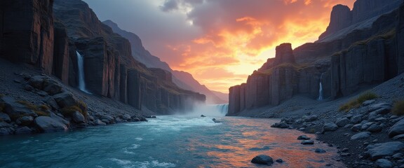 Poster - Surreal landscape with flowing river, majestic cliffs, and vibrant sunset sky creating a dreamlike atmosphere
