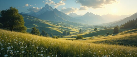 Poster - Enchanting countryside landscape with rolling hills and majestic mountains under a golden sunset