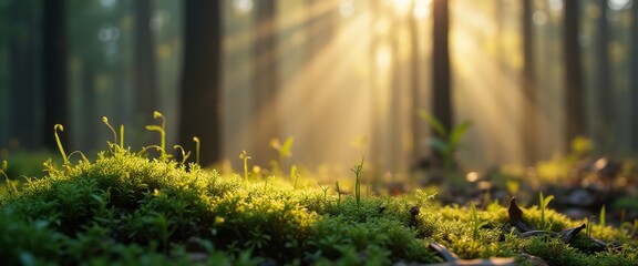 Poster - Sunlight filtering through trees illuminates vibrant moss in a serene forest setting during early morning hours