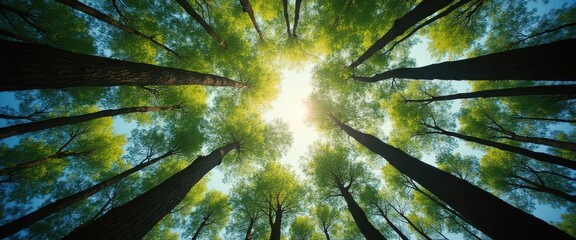 Poster - Breathtaking upward view of lush green trees in a sunlit forest on a clear day
