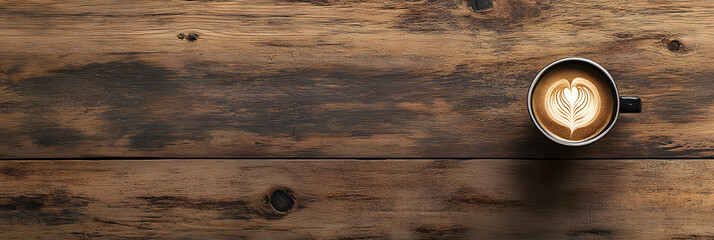Wall Mural - a cup of coffee with intricate latte art - sitting on a rustic wooden table wide banner - white back