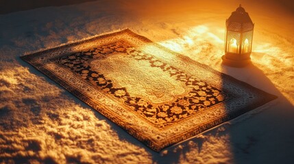 Poster - Ornate prayer rug illuminated by a glowing lantern