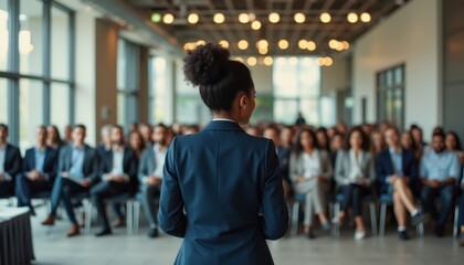 Aufkleber - Confident speaker addresses captivated audience at a professional event during the daytime