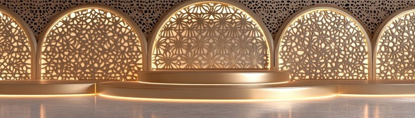 Poster - Ornate golden archways and a multi leveled platform glow softly