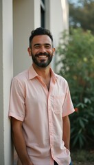 Aufkleber - Smiling middle-aged man in a light pink shirt poses casually outdoors against a backdrop of greenery