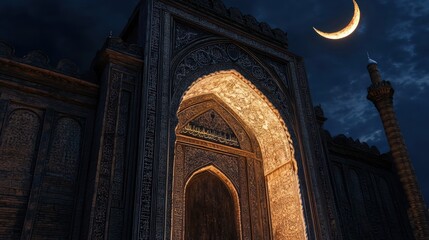 Poster - Illuminated Mosque Entrance Under Crescent Moon Night