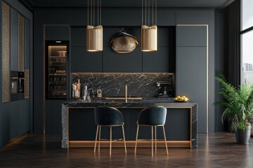 Wall Mural - Modern dark kitchen with gold accents; empty, for ads/interior design